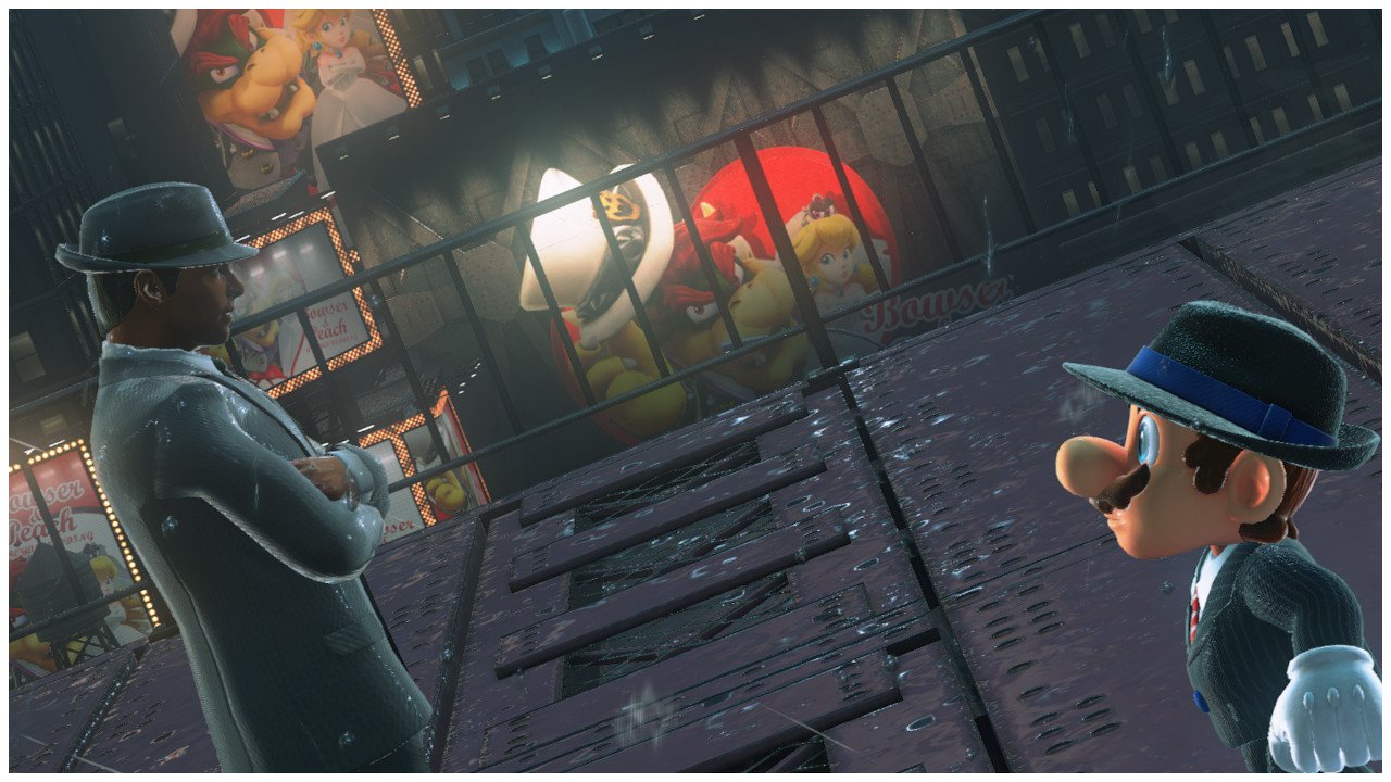 Screenshot of cartoonish Mario looking at realistic man on a city rooftop. They both are wearing suits, ties, and hats. It's nighttime and raining.