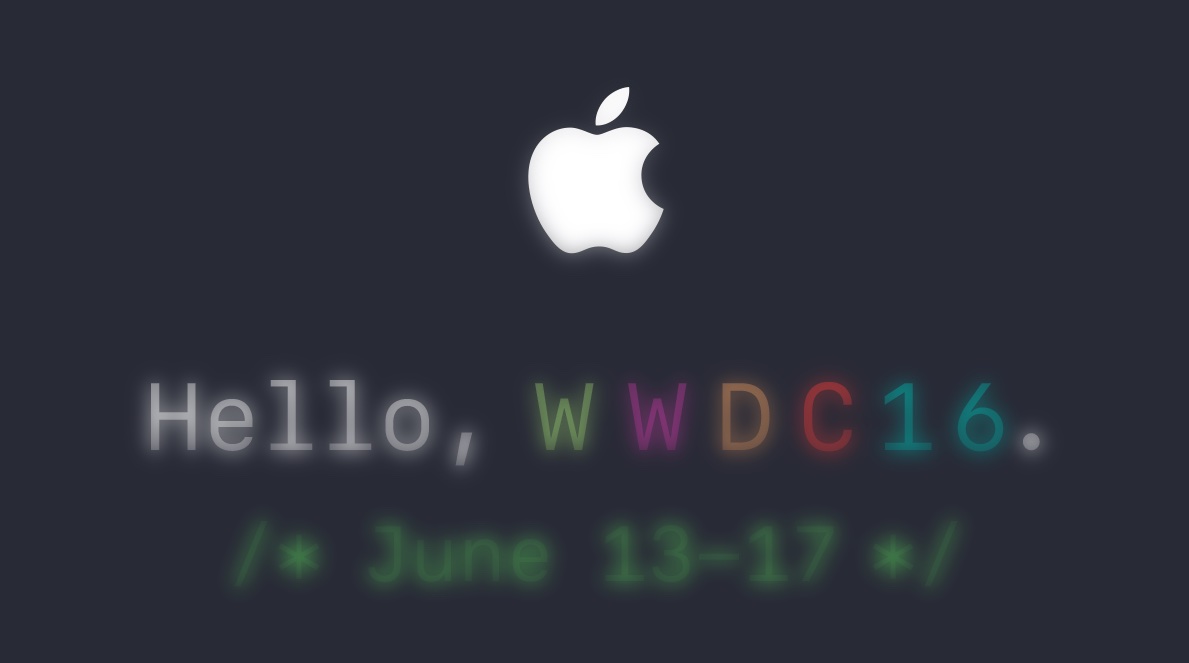 The Apple Official WWDC 2016 promotional image. "Hello, WWDC16." it reads.