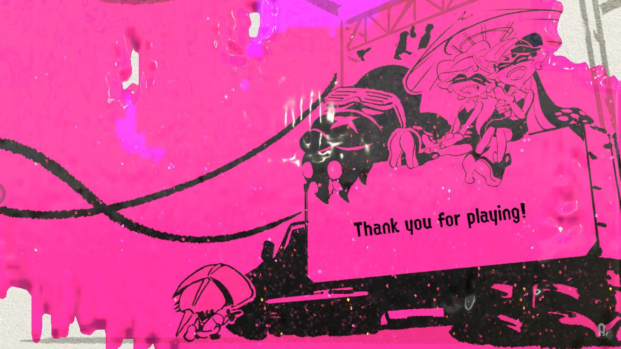 A screenshot of the end of the game. "Thank you for playing!" it says in black text on pink screen.